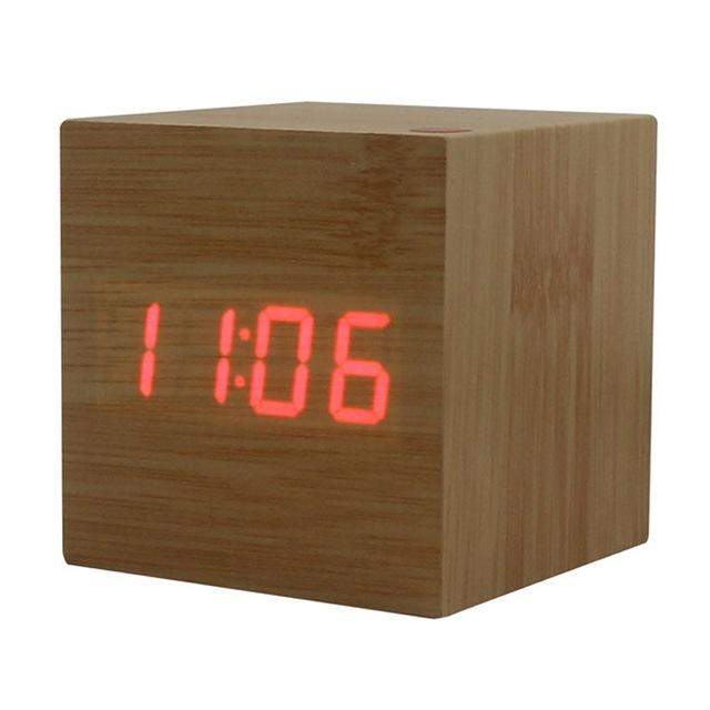 Bamboo Alarm Clock with Date and Temperature Display, adjustable volume and brightness.