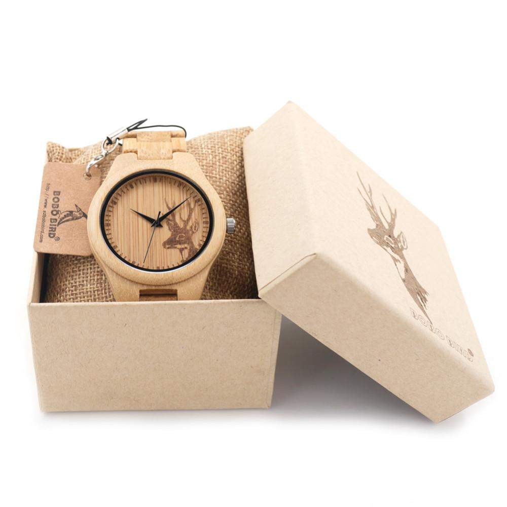 Natural Bamboo Wood Watch With Deer Engraved Dial