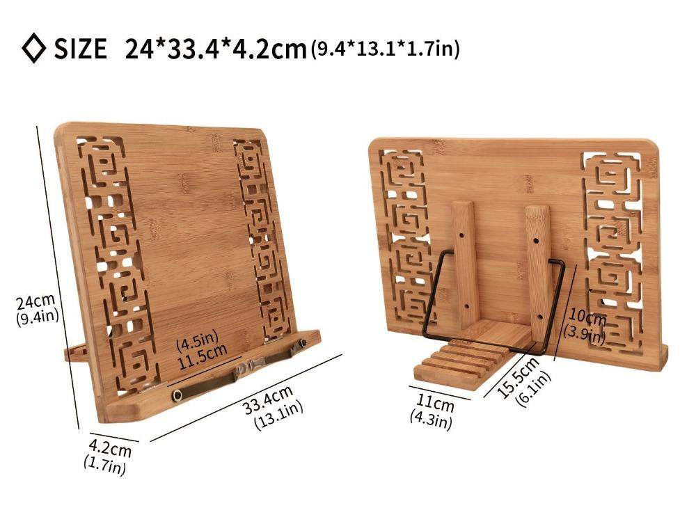 Bamboo Tablet Stand, Book Stand, Cookbook Holder with Adjustable Backing & Elegant Pattern
