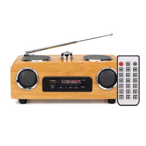 Classic Handmade Bamboo Portable FM Radio with USB & Aux Input, includes Remote Control