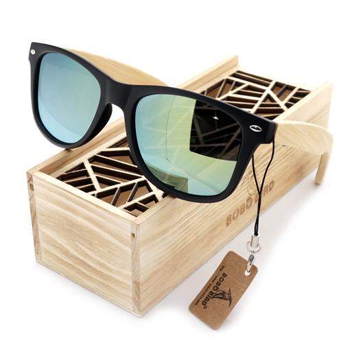 Handmade bamboo Sunglasses with Plastic Frame, Polarized, UV-A/UV-B Protection. Comes in gift box, Choice of 4 Lens Colors.