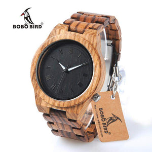Zebra Wooden Quartz Watch With Wood Band, Black Watchface, Luminescent Hands