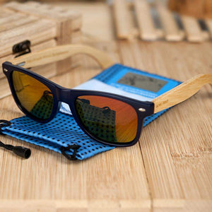 Handmade Bamboo Sunglasses with Plastic Frame, Polarized, UV-A/UV-B Protection. Comes in a gift box, Choice of 4 Lens Colors.