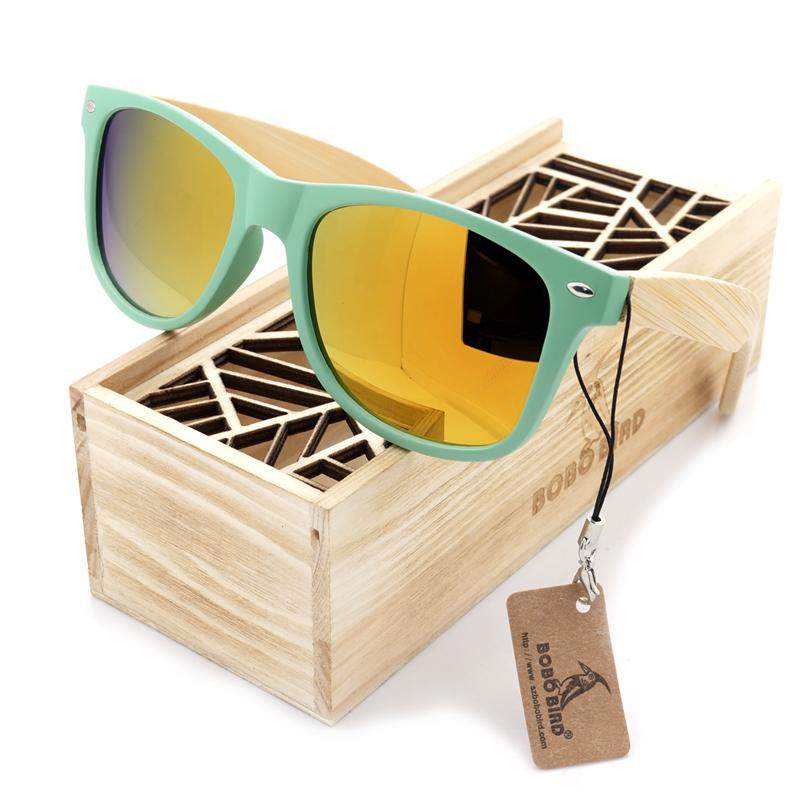 Handmade Bamboo Sunglasses with Plastic Frame, Polarized, UV-A/UV-B Protection. Comes in Beautiful Gift Box, Choice of 4 Lens Colors.