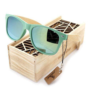 Handmade Bamboo Sunglasses with Plastic Frame, Polarized, UV-A/UV-B Protection. Comes in Beautiful Gift Box, Choice of 4 Lens Colors.
