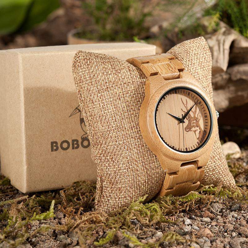 Natural Bamboo Wood Watch With Deer Engraved Dial