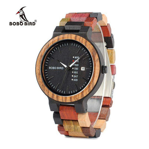 Handmade Mens Wood Watch, Date and Day-of-Week Display, Mixed Color Wooden Band