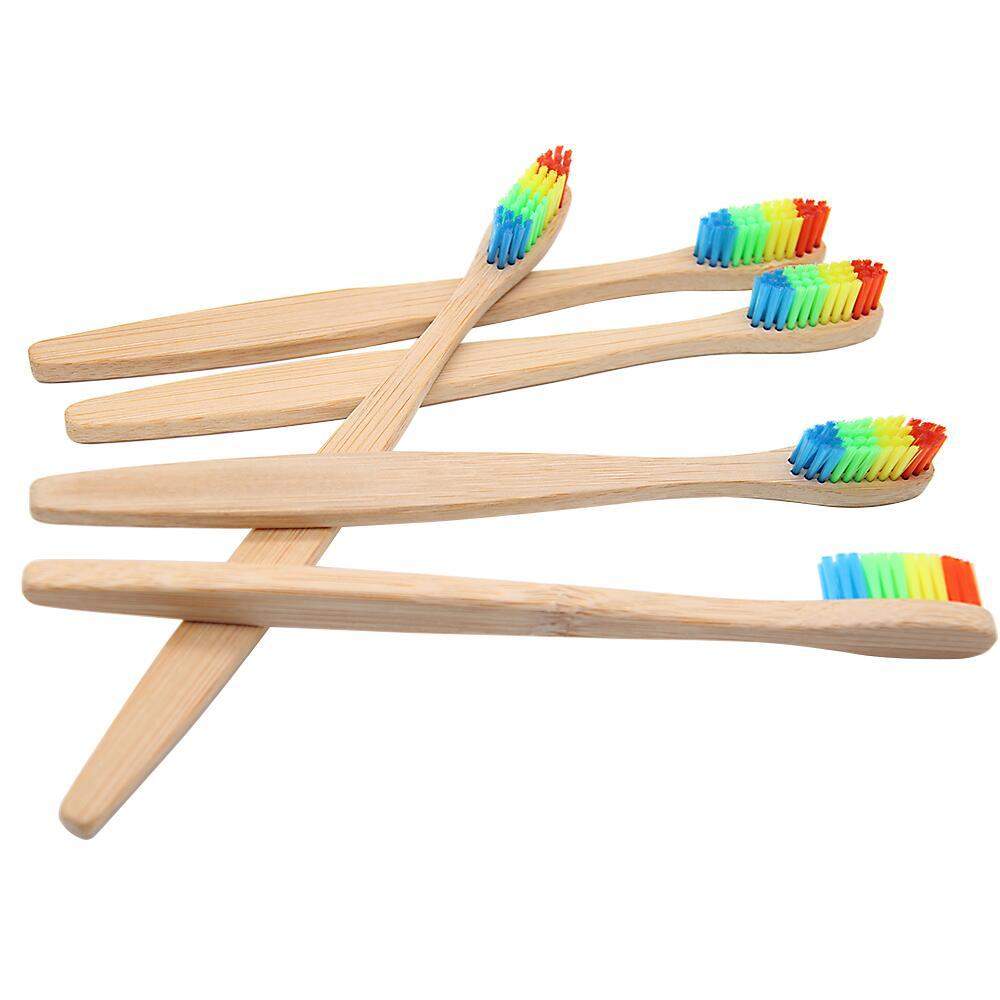 Bamboo Toothbrushes, Soft Colorful Bristles. 4-Pack